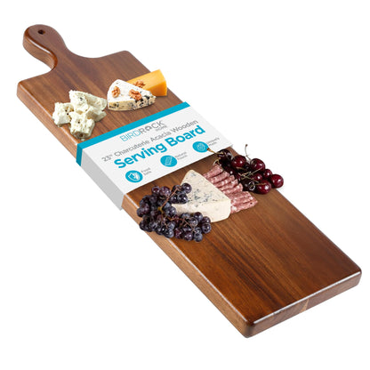 BIRDROCK HOME Acacia Wooden Serving Board with Handle - Long Charcuterie Tray for Party Cheese, Meat, Fruit & Bread Display - Decorative Food Platter for Kitchen - Natural Wood - Espresso, 23”