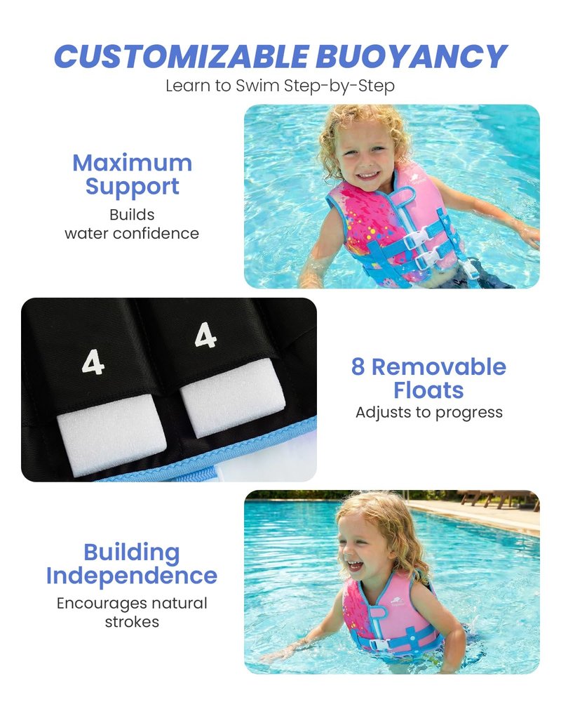 Gogokids Swim Vest for Toddler & Kid 1-2-3-4-5, Adjustable Buoyancy Swimming Vest for Kid Learn to Swim, Toddler Floaty with Removeable Floats and Dual Safety Straps Buoyancy Aid for Pool Beach Puddle
