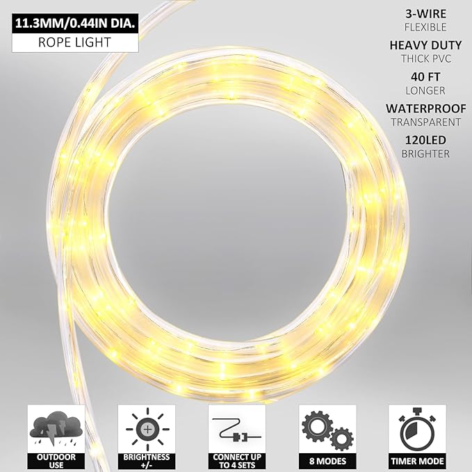 40ft 120 LED Rope Lights, Outdoor Rope Lights Plug in Outdoor Tube Light for Garden, Patio, Party, Christmas (Warm White)