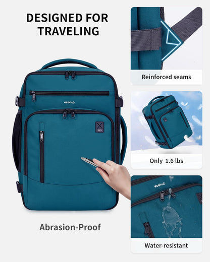 ECOHUB 17" Small Travel Backpack, United Airlines Personal Item Bag 17x10x9 with 16 Pockets, Water Resistant Rucksacks Fit 15.6" Laptop, AirTag Pocket, Lightweight Casual Daypack, 25L, Blue Green