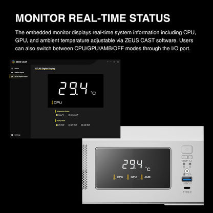 GAMDIAS White Mid Tower Gaming Computer Case w/Display& App, ATX Tempered Glass PC Case, Built-in 3x120mm ARGB PWM Fans, Up to RTX GPU/VGA 410mm & 360mm AIO/Radiator & 6x120mm Fans & 160mm CPU Cooler