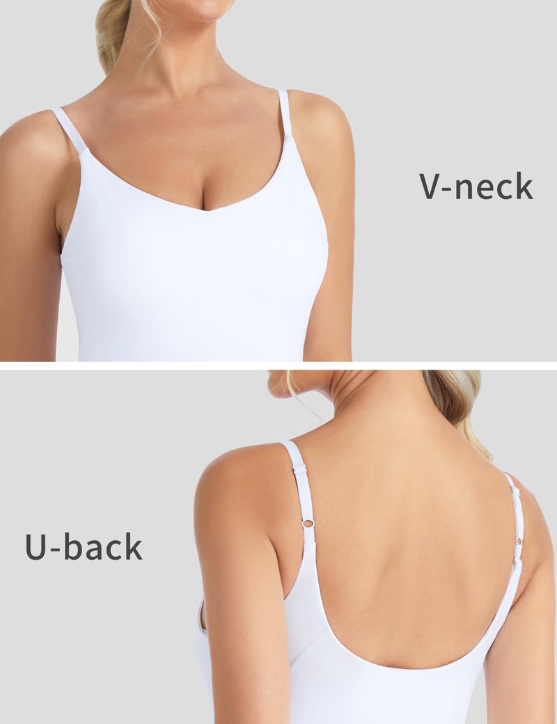 THE GYM PEOPLE Women's Longline V Neck Sports Bra with Removable Pads Adjustable Spaghetti Strap Yoga Workout Cami Tank Tops White
