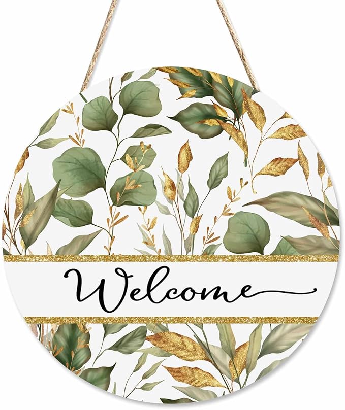 Welcome Sign for Front Door Decor Wreath Tropical Flowers Plants 12 Inch Farmhouse Wood Wall Hanging Outdoor Home Porch Decorations