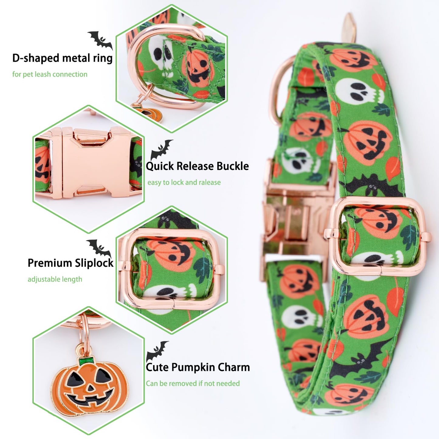 Faygarsle Bow Tie Halloween Fall Dog Collar for Small Medium Large Dogs Fashionable Cute Collar for Male Female Dogs Green Cotton Collar with Metal Buckle Skull Bat Pumpkin Pattern S
