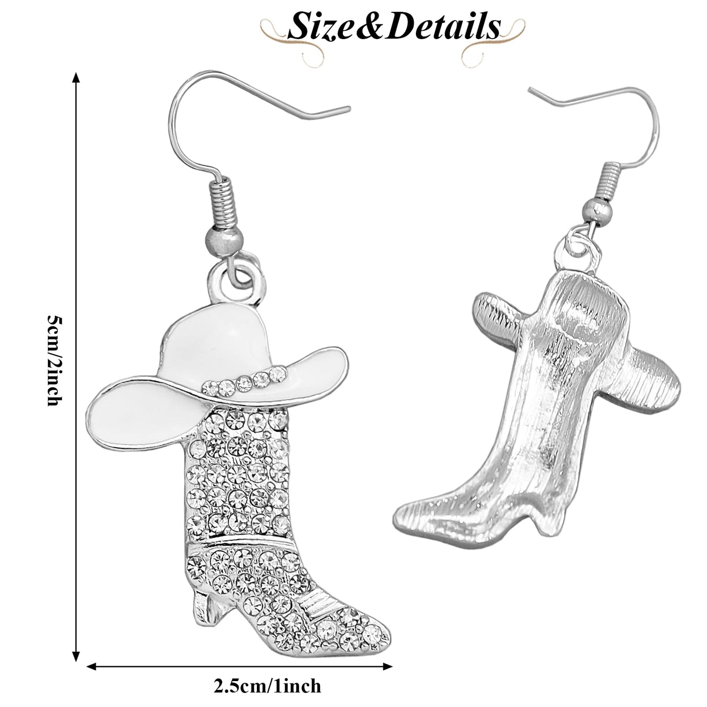 Rhinestone Western Boots Earrings Cowgirl Cowboy Enamel Hat Bohemian Rodeo Boot Drop Dangle Earrings for Women White Hat