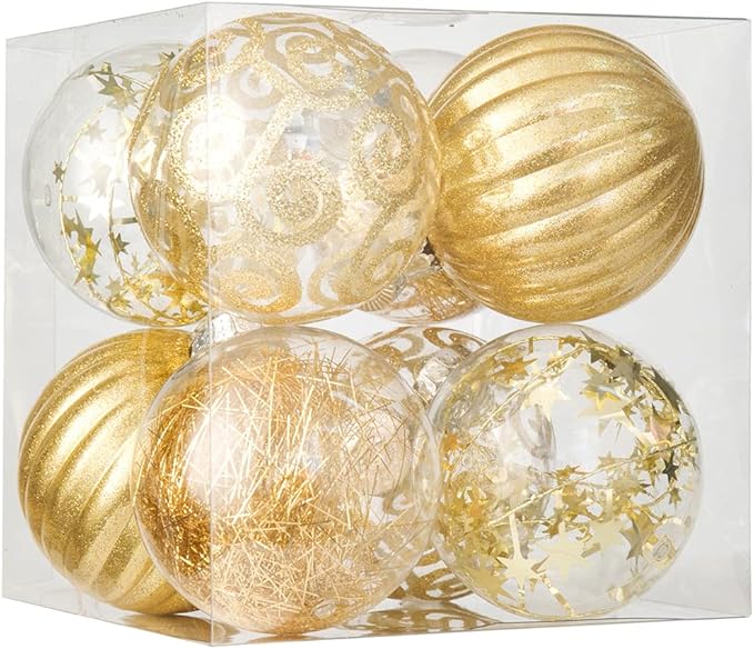 XmasExp 8ct Christmas Ball Ornaments Set -Large Clear Plastic Shatterproof Xmas Tree Ball Hanging Baubles Stuffed Delicate Glittering for Holiday Wedding Xmas Party Decoration (100mm/3.94",Gold)