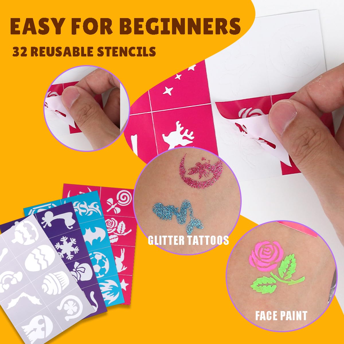 Bowitzki Face Paint Kit,42 Water Based Non Toxic Face Paint with face paint Colors,16 Glitters, 32 Stencils & 10pcs Brushes, Professional Body Face Paint Makeup For Party,Halloween,Carnival,Festival