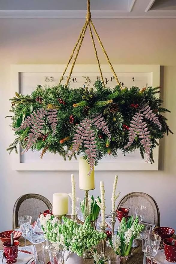 DILATATA 6Pcs Christmas Glitter Leaves Boston Fern Leaves 25" Artificial Rose Gold Fern Leaf Picks Sprays Giltter Stems for Christmas Tree DIY Xmas Wreath Garland Home Decor - Rose Gold