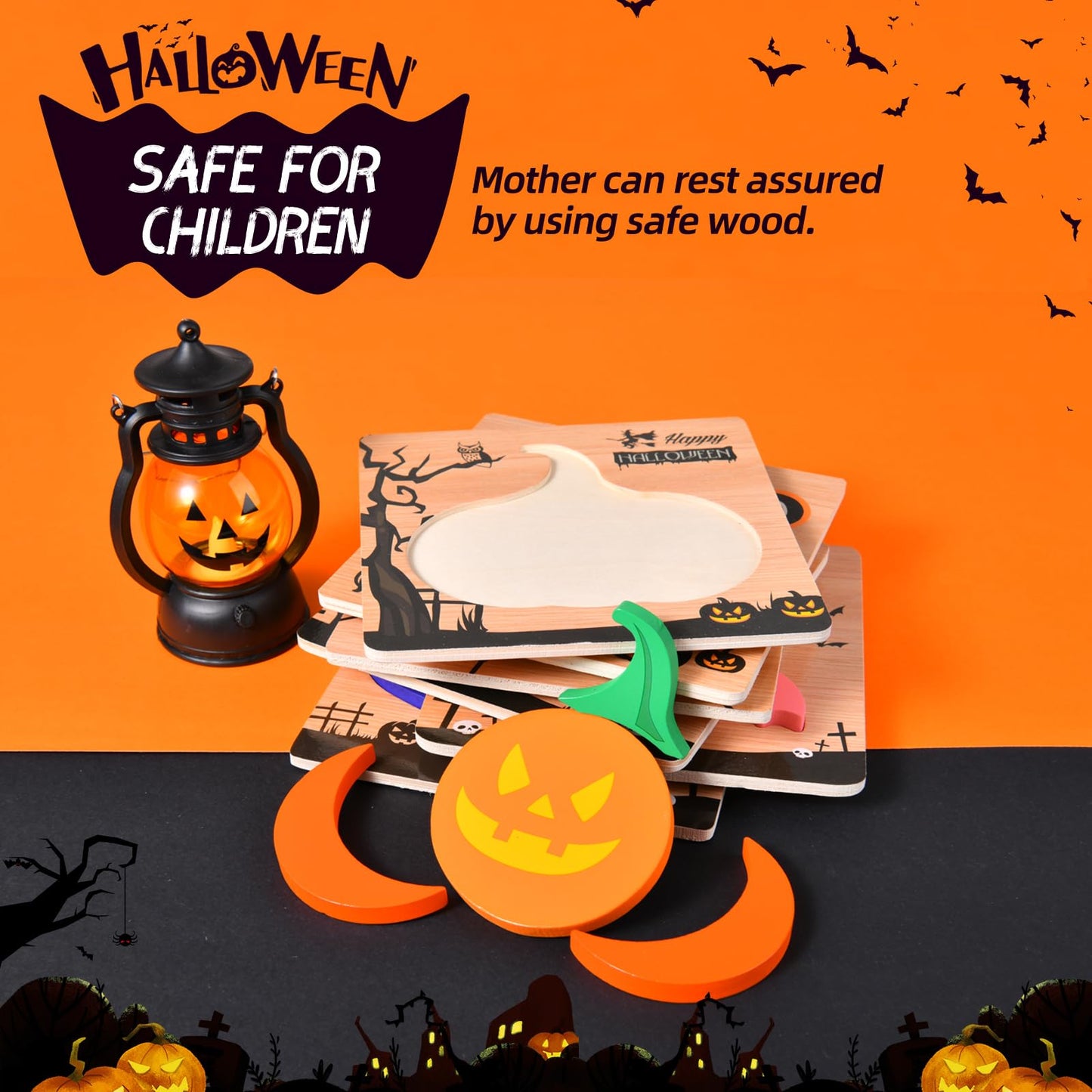 4 Pack Halloween Wooden Puzzles for Kids Toddlers Jigsaw Puzzles Halloween Toys for Halloween Party Favors Treat Bag Prizes