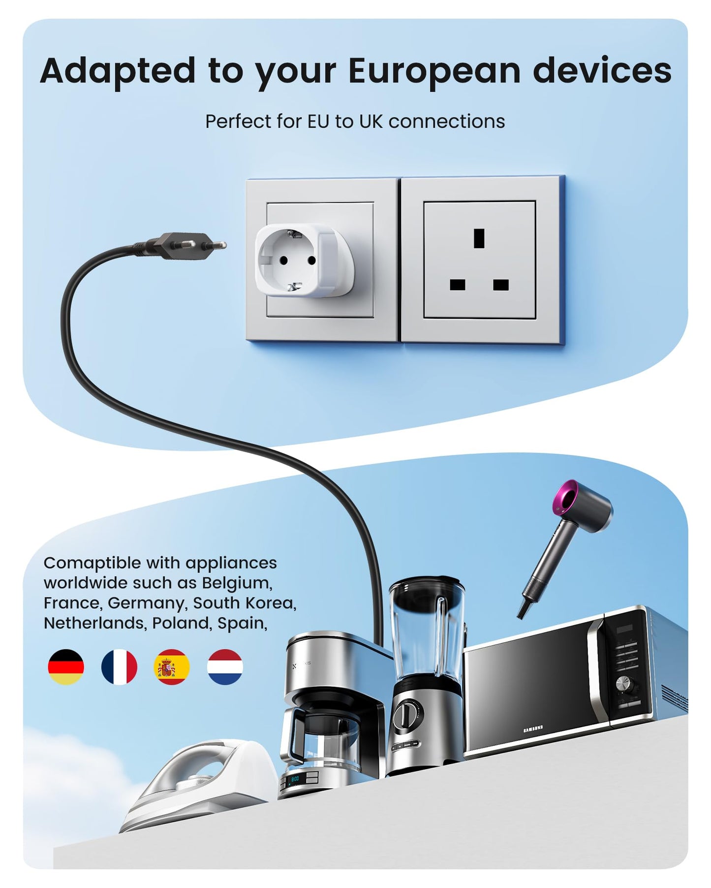 LENCENT 2X EU to UK Plug Adapter, Europe Schuko 2 Pin to 3 Pin UK Travel Adaptor, European Euro to British Adapter- 2 Pack, White