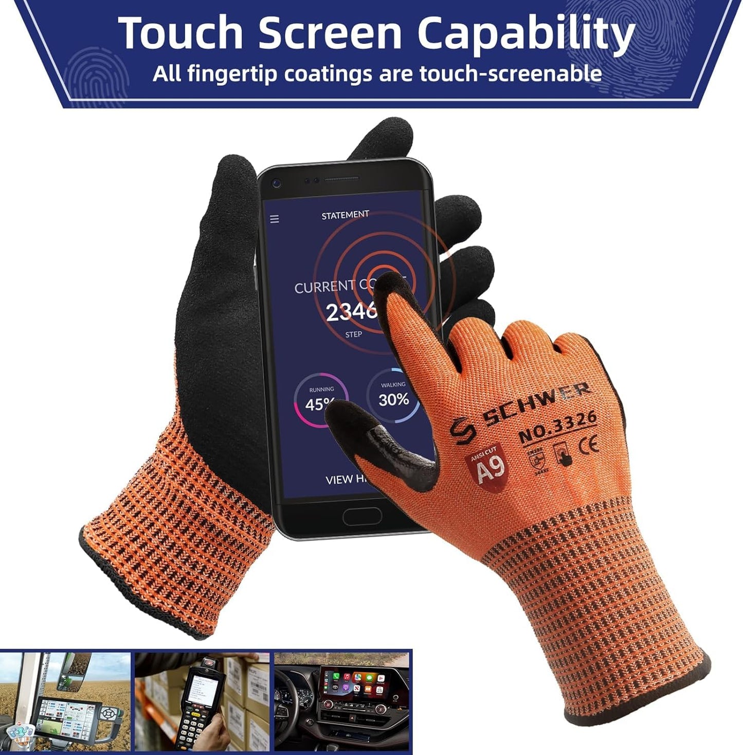 Schwer ProGuard Highest Level Cut Resistant Work Gloves PR3326 for Extreme Protection，Level 9 Cut Gloves with Reinforced Thumb, Non Slip, Breathable, Durable, Touch-screen, PFAS Free, Orange 1 Pair（M）