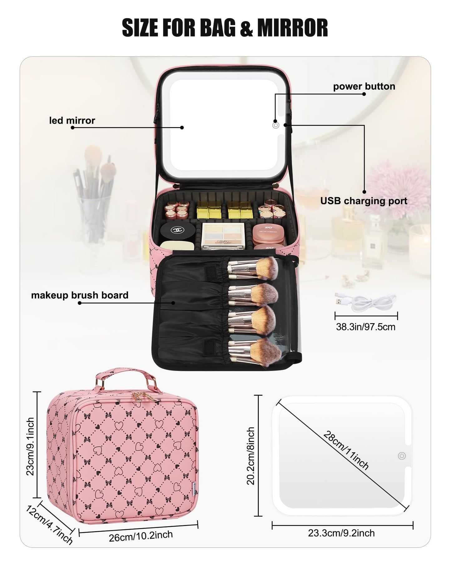 Relavel Travel Makeup Bag With LED Mirror, Cosmetic Train Case with Light up Mirror, Portable Makeup Artist Organizer Bag with Adjustable Dividers, Makeup Brush Holder Storage, Black