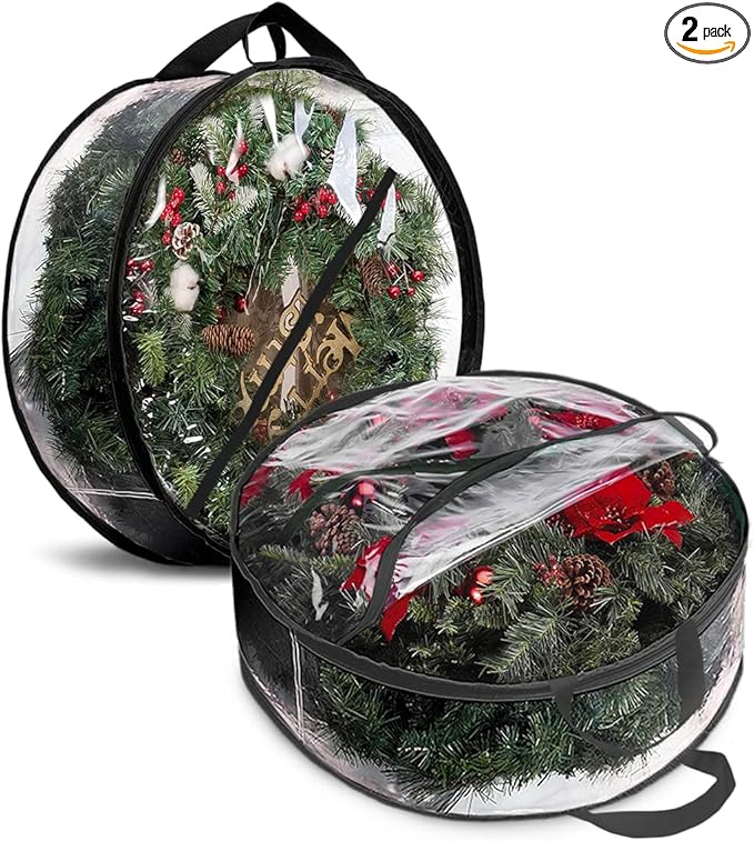 ProPik Christmas Wreath Storage Bag 30" - 2 Pack Clear Christmas Wreath Storage Container- Garland Holiday Artificial Wreath Storage Holder –Water Proof Transparent Clear PVC (30 Inch, Black)