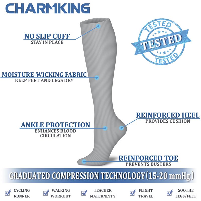 CHARMKING Compression Socks for Women & Men (8 Pairs) 15-20 mmHg Graduated Copper Support Calf Socks are Best for Pregnant, Nurses - Boost Performance, Circulation, Knee High Wide Calf(L/XL, Multi 50)