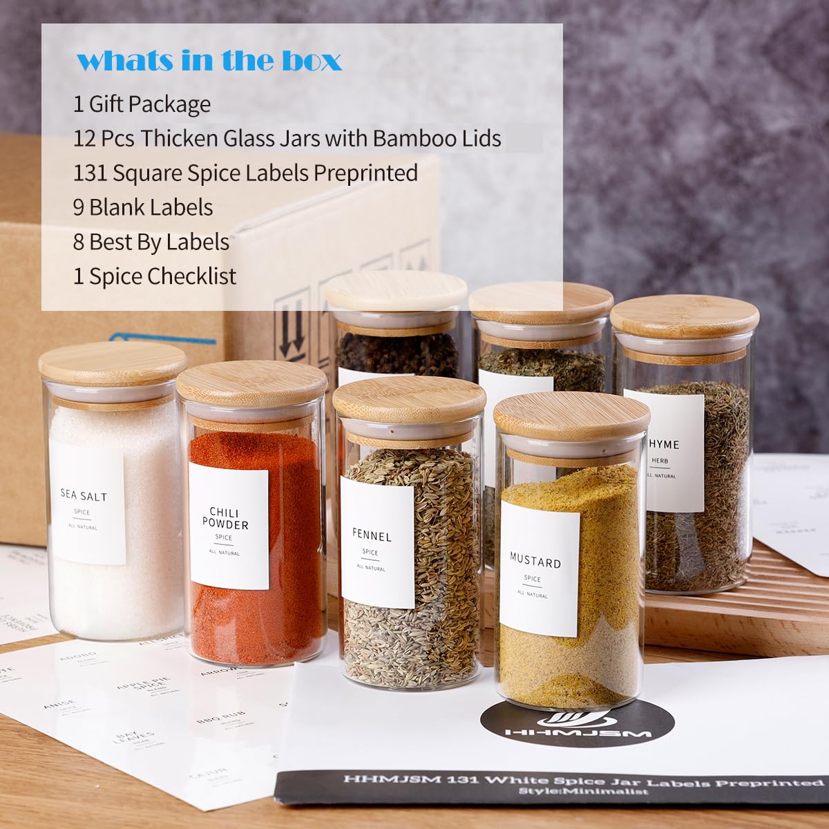 Glass Spice Jars with Bamboo Lids - 20 Pcs Thicken(2.4mm) 4oz Airtight Seasoning Containers with 131 Waterproof Minimalist Spice labels Preprinted - Small herb Jars for Pantry Organization and Storage