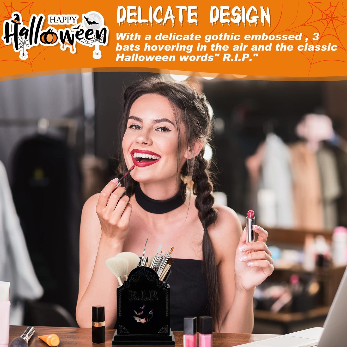 Gueevin Tombstone Gothic Pen Holder Coffin Makeup Brush Holder Utensil Goth Toothbrush Spooky Bathroom Decor Office Pencil Organizer for Desk Christmas Decor Goth Gifts Vanity Accessories