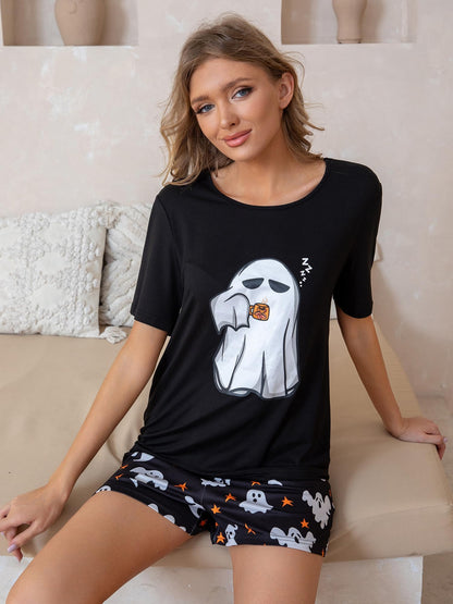 Leevuyu Halloween Ghost Face Pajamas Adult Women Short Set Scream Pjs Halloween Pajama Set Black M