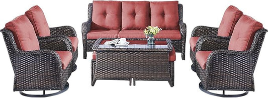 Patio Furniture Swivel Chairs Set - 8 Piece Wicker Rattan Outdoor Sectional Conversation Sets with 4 Swivel Rocking Chairs,2 Ottomans,1 Sofa and 1 Coffee Table for Porch Deck Garden(Brown/Red)