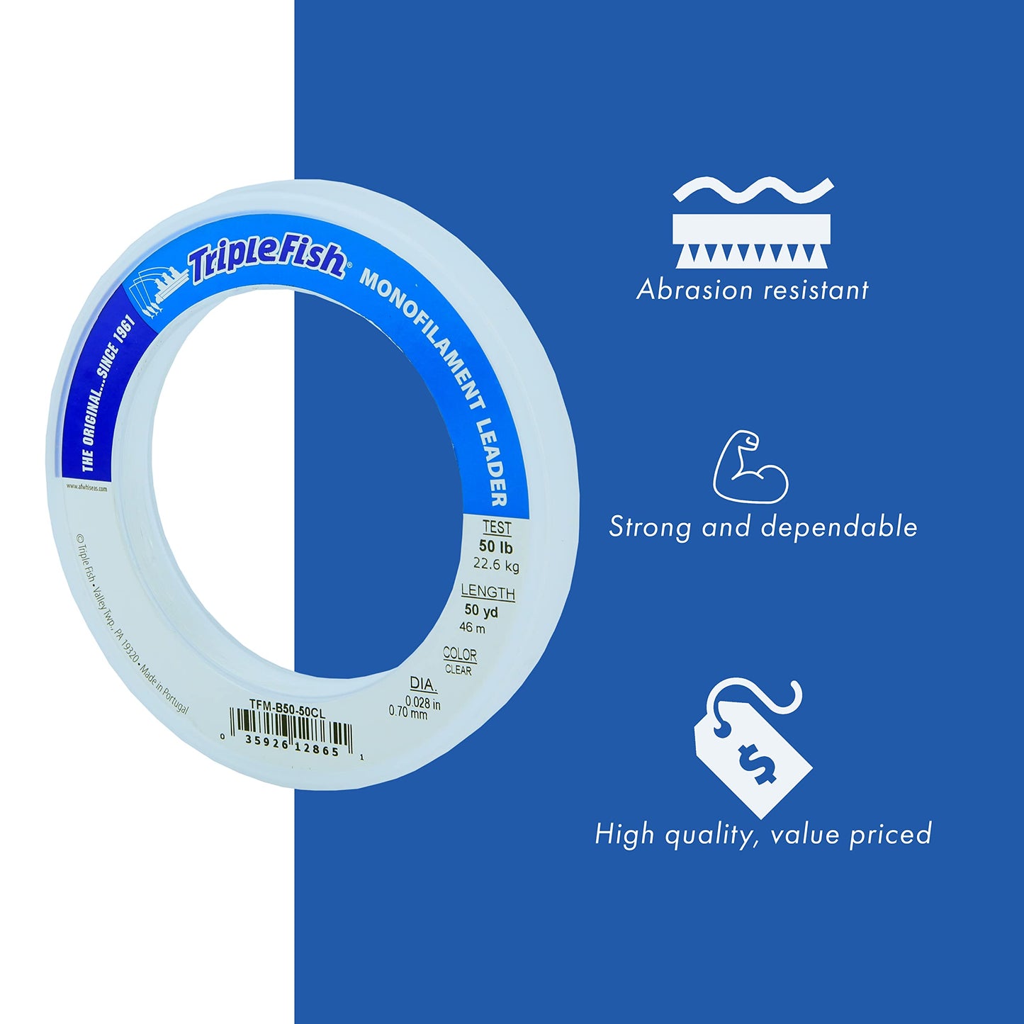 Triple Fish Monofilament Leader, 40 lb / 18.1 kg Test.024 in / 0.60 mm Dia, Clear, 50 yd / 46 m