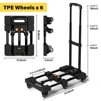 Folding Hand Truck, Dolly Cart with 6 Wheels (2 with Brake) & 2 Elastic Straps, 500 LB Heavy-Duty Trolly Cart for Moving, Luggage, Car Seat, Garden Plant, Camping,26" Max Extendable Plate,Black