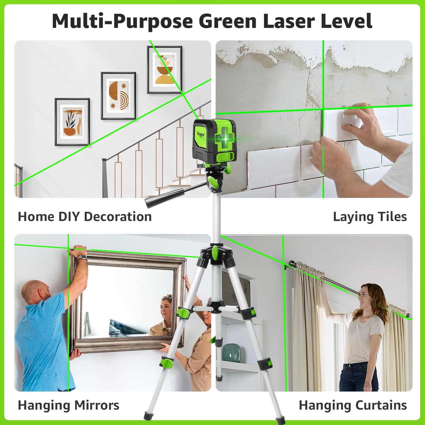 Huepar Laser Level, 100ft Self Leveling Green Cross Line Laser for Picture Hanging, Tile, Decoration & DIY Indoor Construction – 360° Magnetic Base & Battery Included