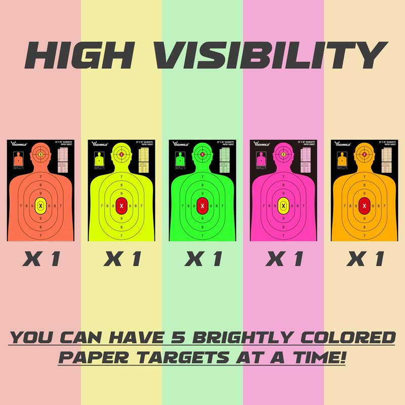 Highwild 23X35 Inch Shooting Range Silhouette Paper Target - 5 Fluorescent Colors - Suitable for Handguns, Rifles, Airguns, BB Guns (5 Pack - Multi Color)