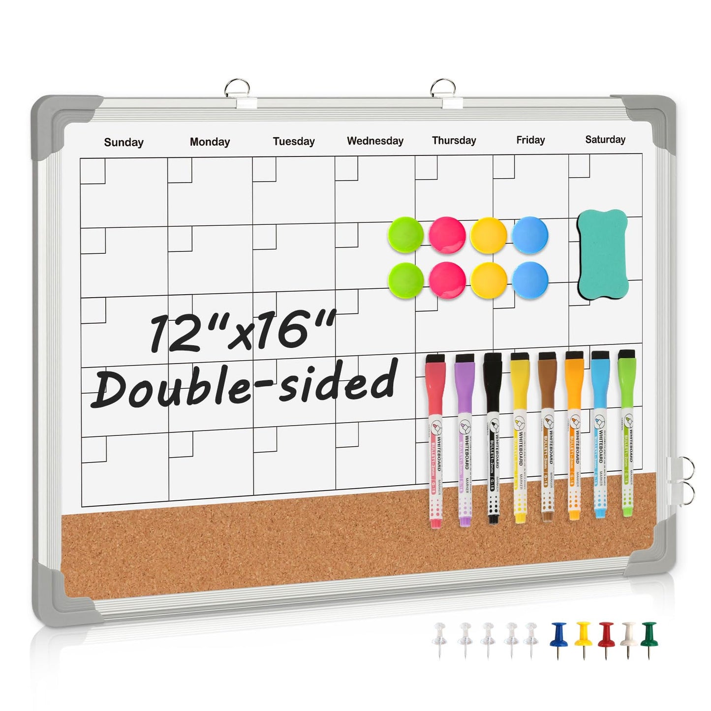 Dry Erase Calendar & Cork Board, 16" x 12" Double-Sided Whiteboard Calendar Cork Board Combo for Wall, Hanging Monthly Calendar Board with Markers, Magnets Pins, Eraser