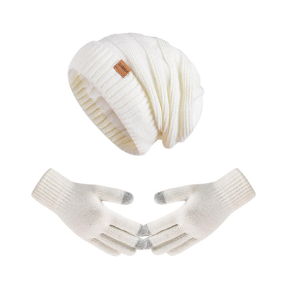 Women Beanie Hat Gloves Set Fleece Lined Winter Warm Hat Knit Touchscreen Gloves for Cold Weather