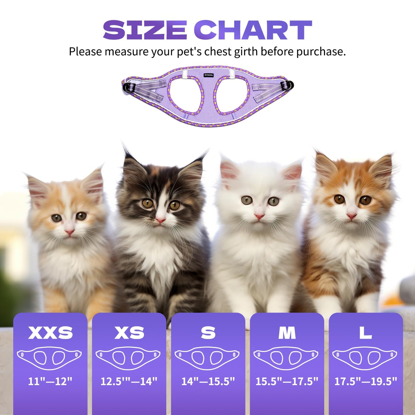Rttochfy Cat Harness and Leash Set, Escape Proof Kitten Harness, Soft and Breathable Vest with Reflective Strip, Easy to Wear for Cats Walking and Traveling (Purple, S)
