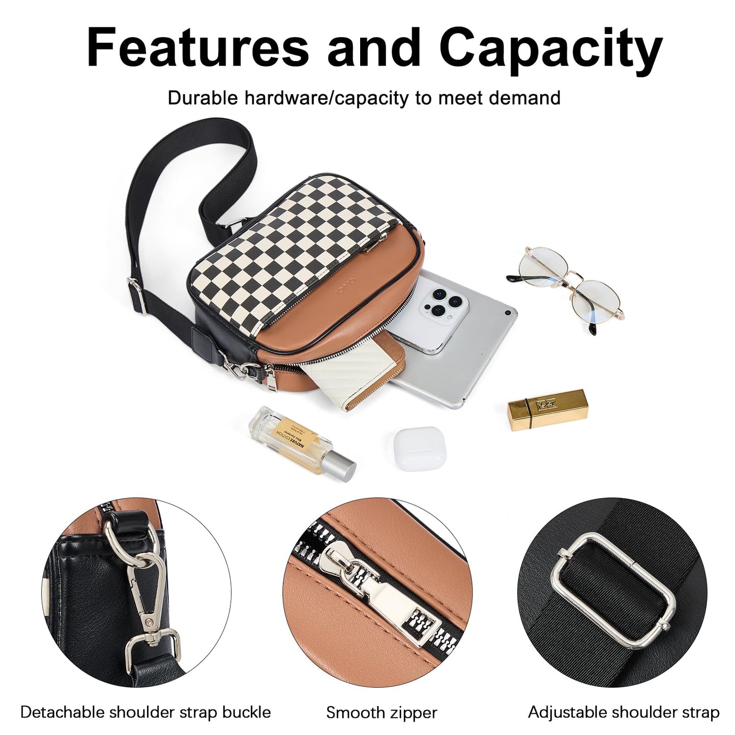 CLUCI Checkered Crossbody Bag for Women,Vegan Leather Shoulder Handbags,Purses for Women with Adjustable Wide Strap