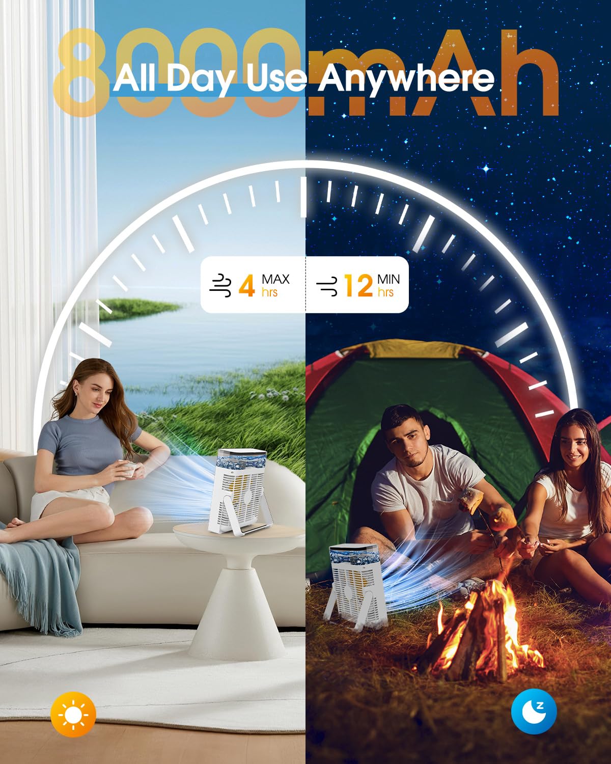 JINLICTE Portable Misting Fan, 8000mAh 8-Inch Rechargeable Water Cooling Mist Fan with 600mL Water Tank, Quiet USB Battery Powered, Perfect for Camping Home Outside Office Travel