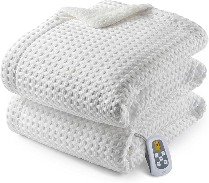 CAROMIO Heated Blanket Full Size, Waffle Weave Electric Blanket Throw with LCD Controller, Fast Heating, 10 Heat Levels & 1-12H Time Settings, ETL Certified, Machine Washable, Off White, 72" x 84"