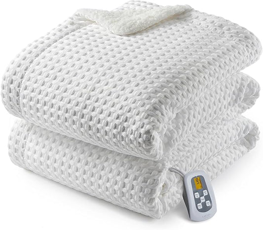 CAROMIO Heated Blanket Full Size, Waffle Weave Electric Blanket Throw with LCD Controller, Fast Heating, 10 Heat Levels & 1-12H Time Settings, ETL Certified, Machine Washable, Off White, 72" x 84"