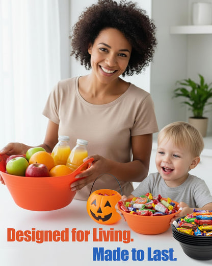 Mintra Home Plastic Bowls with Handles (4.5L Large 2pk, Orange) - 11.25W x 5inH (6.75inH with handles) - great for popcorn, snacks, drinks, candy, Halloween, trick or treat bowls
