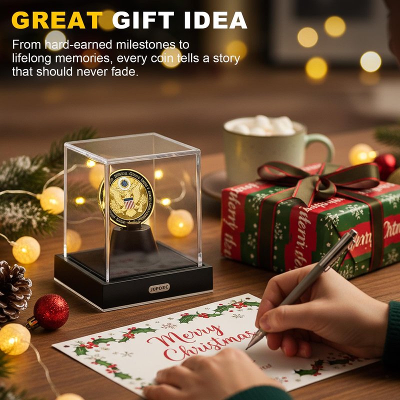 JupDec Coin Display Case, Clear Acrylic Single Coin Holder with Durable Base, Dustproof Cube Showcase with Black Velvet Interior, Ideal Gift for Challenge Coin Fans & Collectors