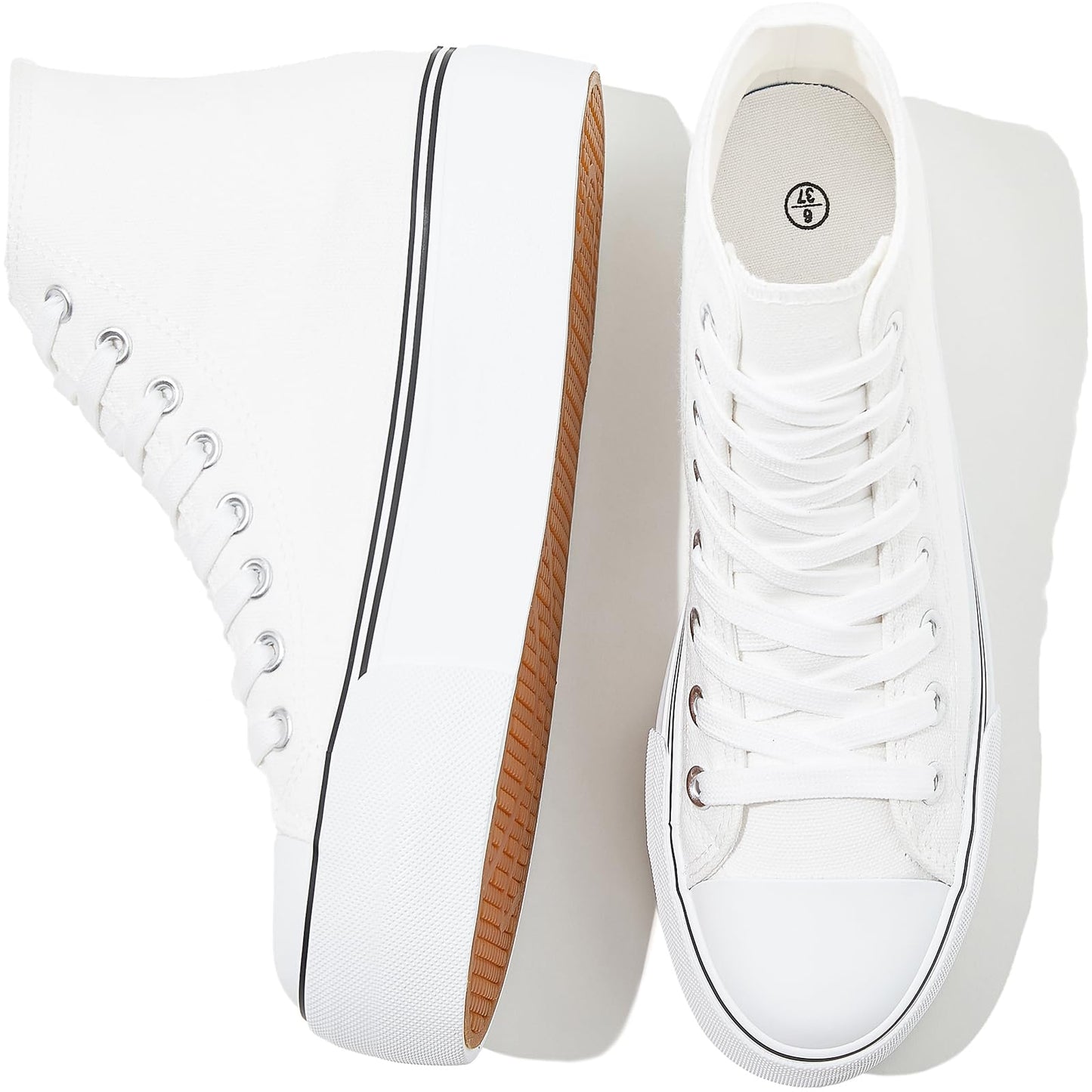 FRACORA Womens High Top Canvas Shoes White Black Platform Sneakers Lace Up Shoes for Women(White,US9)