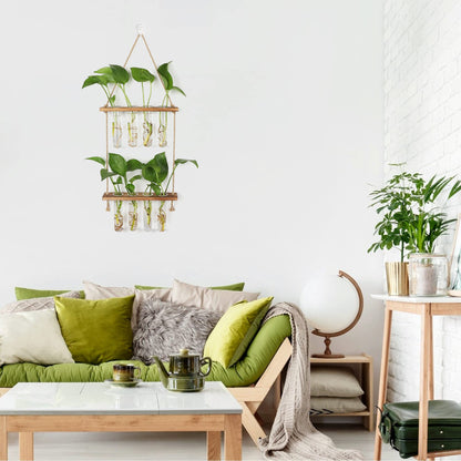 HYINDOOR Wall Hanging Planter Terrarium 2 Tired Test Tube Vase Glass Planter Plant Propagation Station Plant Hangers of Rope with Wooden Stand and 8 Tubes for Hydroponic Plant Cutting