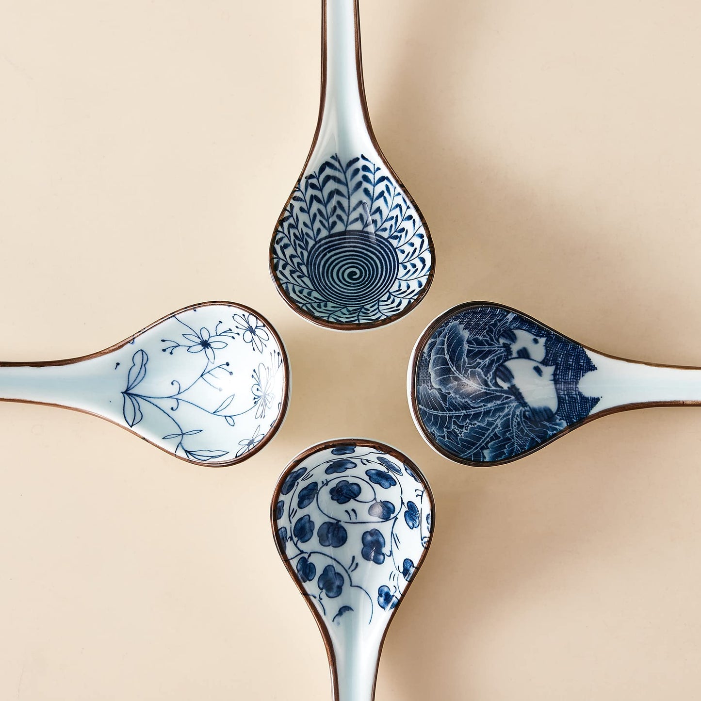 Ceramic Asian Soup Spoons, Easy to Hold, Long Handle Perfect Depth Spoon Set for Japanese Ramen Noodles, Chinese Dumpling, Pho, Miso, Wonton, Dishwasher Safe -Set of 4 - Blue