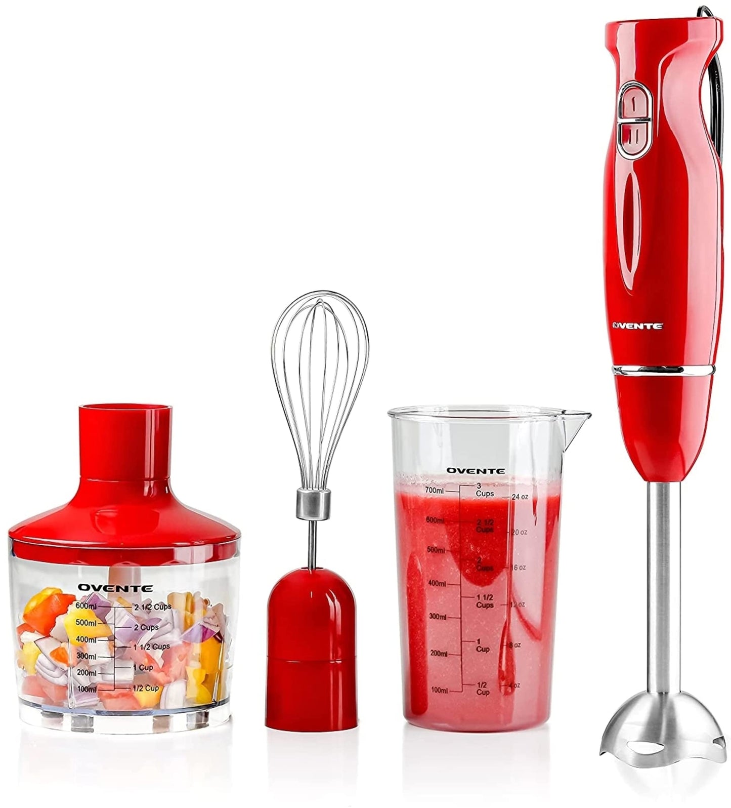 OVENTE Immersion Hand Blender, 300W Electric Handheld Portable Stick Mixer with 2 Mixing Speed and Stainless Steel Blades for Effortless Blending Smoothies, Shakes, Puree or Baby Food, Red HS560R