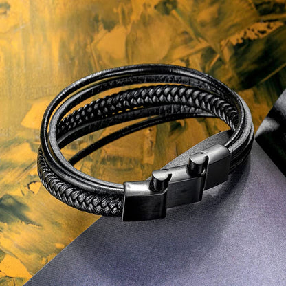 murtoo Bracelet for Man Cowhide Genuine Leather Women Unisex Cuff Wrap Bracelet Brown Black Multi-Layer Magnetic Clasp Rope Wristband (Black, 8.7'')