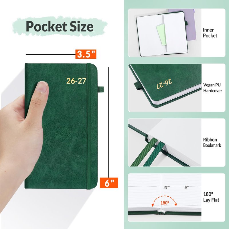 SUNEE 2026 Weekly & Monthly Hardcover Planner 5.5" x 8.3" - 12 Month (January 2026 - December 2026), Small Hardcover Planner, Pocket, Notes, 100 GSM Paper, Deep Green