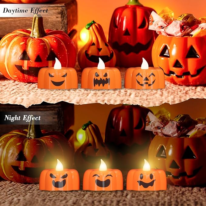 Halloween Flameless Candles with 6H Timer, Pumpkin Tea Lights with Ghost Face Flickering, LED Candles Battery Operated Fall Decor 6 Pack Φ 1.9" H 1.6" for Halloween Decorations