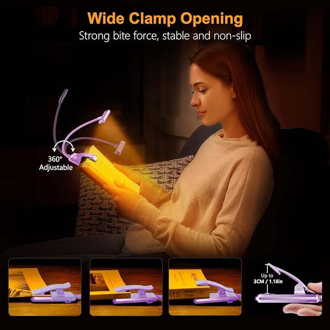 Gritin 19 LED Rechargeable Book Light for Reading in Bed with Memory Function- Eye Caring 3 Color Temperatures,Stepless Dimming Brightness,80 Hrs Runtime Clip on Light for Book Lovers-Purple