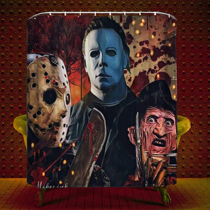 Halloween Shower Curtain Set for Bathroom- Scary Killer Freddy Jason Michael, Horror Movie Themed Holiday Polyester Fabric Decoration with Hooks and Toilet Stickers, Christmas Party Decor 72x72