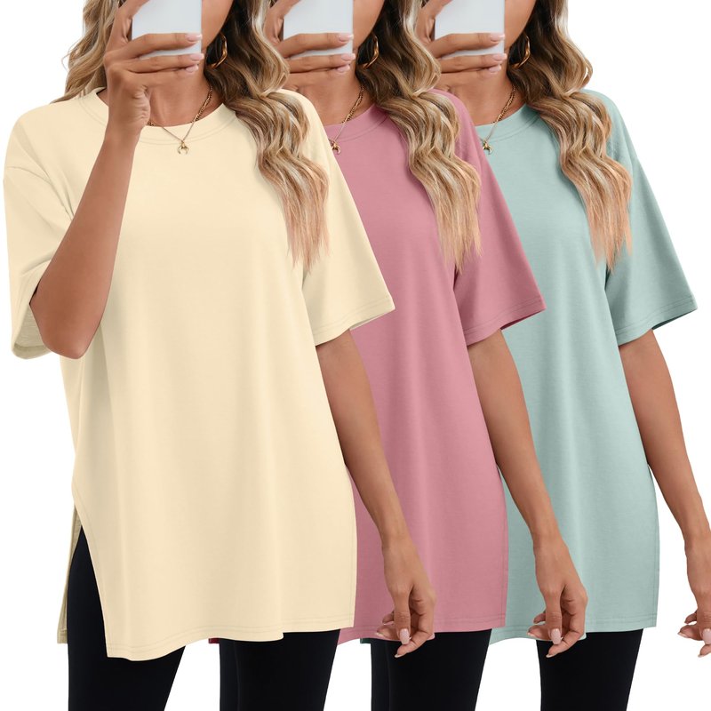 Huukeay 3 Pack Women's Oversized Gym T Shirts Short Sleeve Side Split Crewneck Tops Casual Summer Workout Baggy Basic Tee