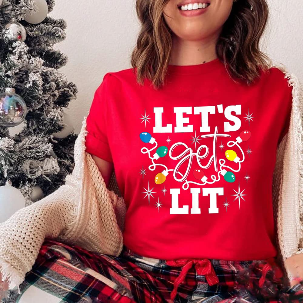 Christmas Shirts for Women Let's Get Lit Shirt Cute Lights Graphic Short Sleeve Xmas Tops TeesS Red