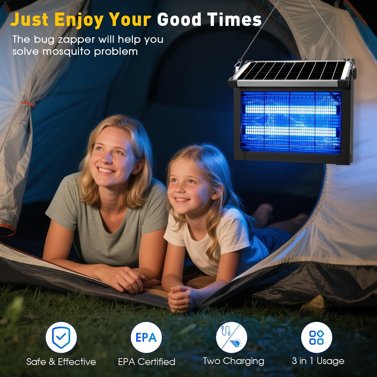 Bug Zapper Outdoor Solar Powered, Zwiran Mosquito Zapper Indoor with 4500V High Powered, Electric Fly Zapper with Extension Cord and Grounding Bracket, Rechargeable Waterproof Mosquito Killer