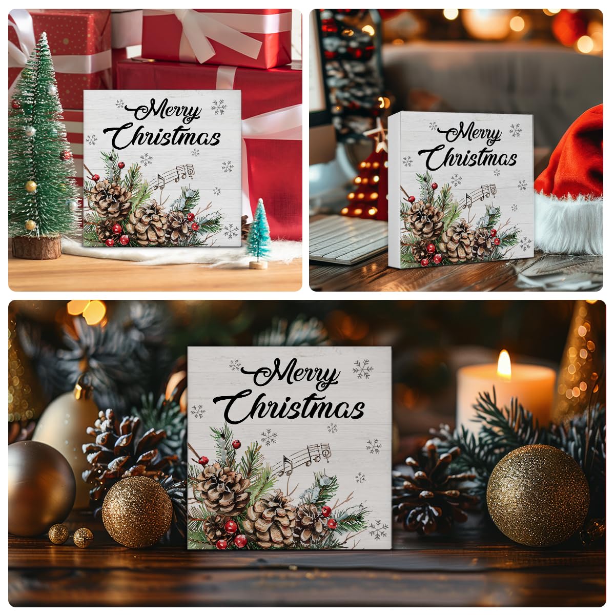 Farmhouse Christmas Decorations, Merry Christmas Decor Sign, Elk Trees Pine Cones Holly Berry Wood Sign Rustic Home Table Desk Decor (5 x 5 Inches)