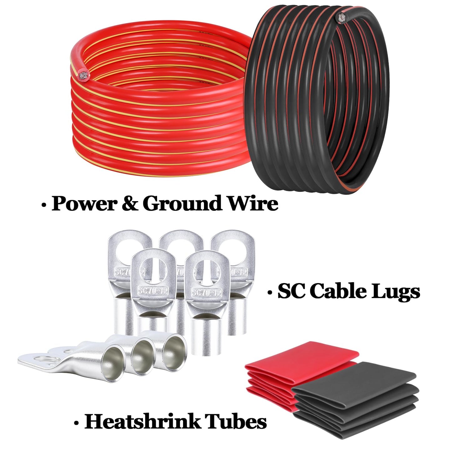 HBU 1/0 Gauge Car Battery Cables - 12 Feet Black & 12 Feet Red - 0 AWG Automotive, Truck, Solar, Motorcycle Inverter Cable with 4pcs M10 & 4pcs M12 SC Cable Lugs