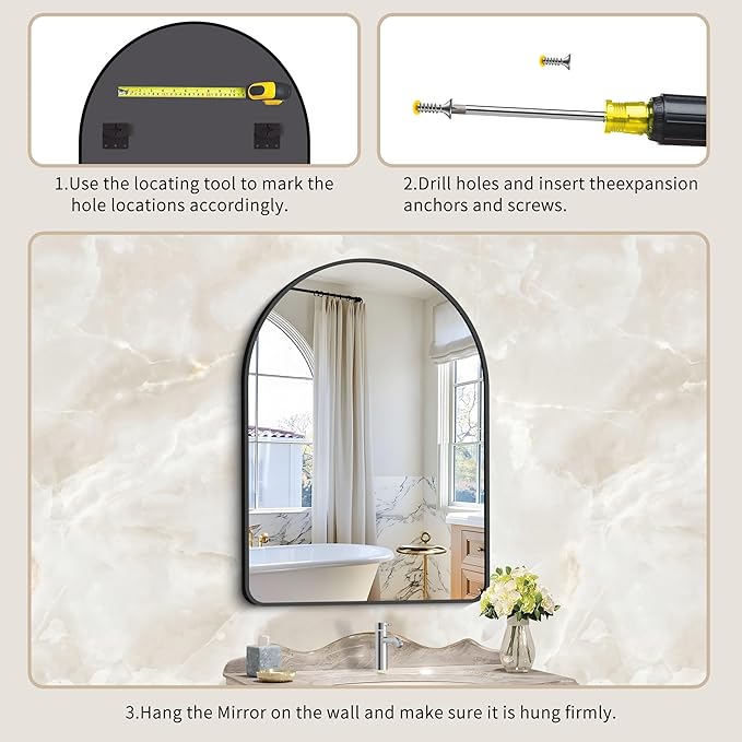 GLASHOM 30"x40" Black Arched Mirror for Bathroom, Wall Mounted Mirror, Aluminum Alloy Brushed Framed Wall Mirror, Anti-Rust, Large Mirror for Over Sink, Bedroom, Entryway (Vertical)
